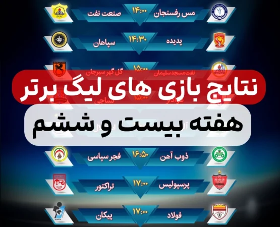 نتایج بازی های لیگ برتر فوتبال ایران امروز,نتایج بازی های هفته بیست و ششم لیگ برتر